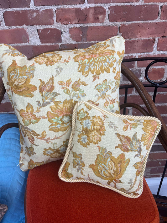 Vintage Tapestry Pillow Set, Pair — Yellow & Gold Floral Jacquard, Cord-Trimmed, Cottage Decor