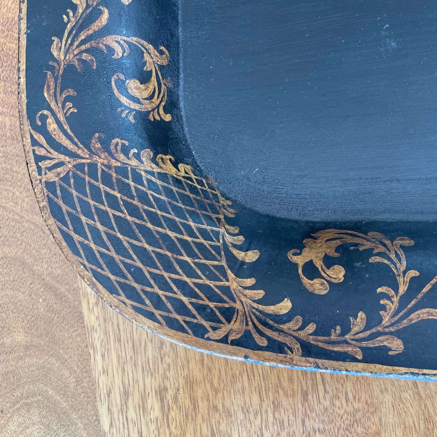 Oversized Hand-Painted Floral Tole Tray – Antique European Black Metal, 30″ x 21.75″