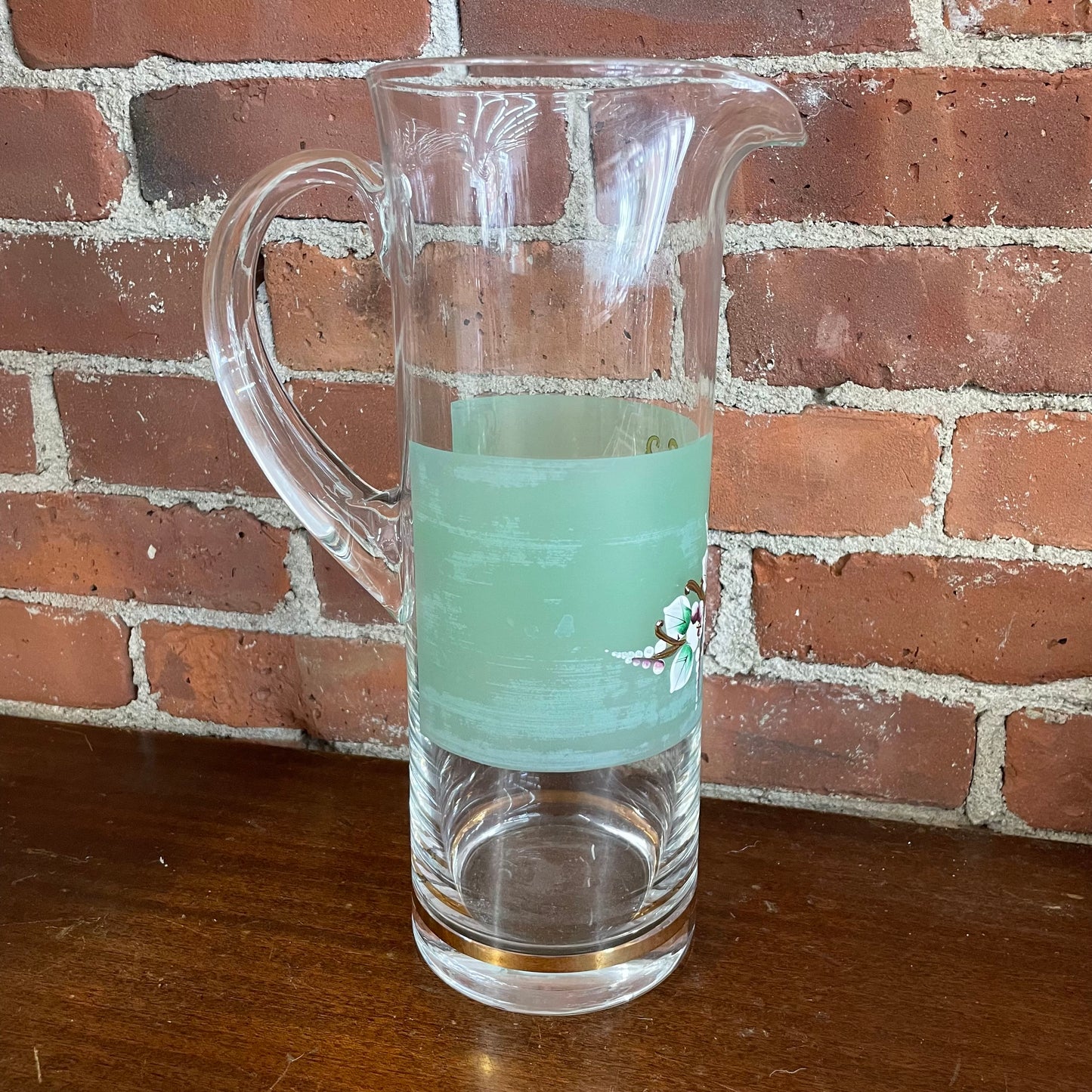 Vintage Bohemia Czech Green Glass Pitcher & Goblets Set, Hand Painted