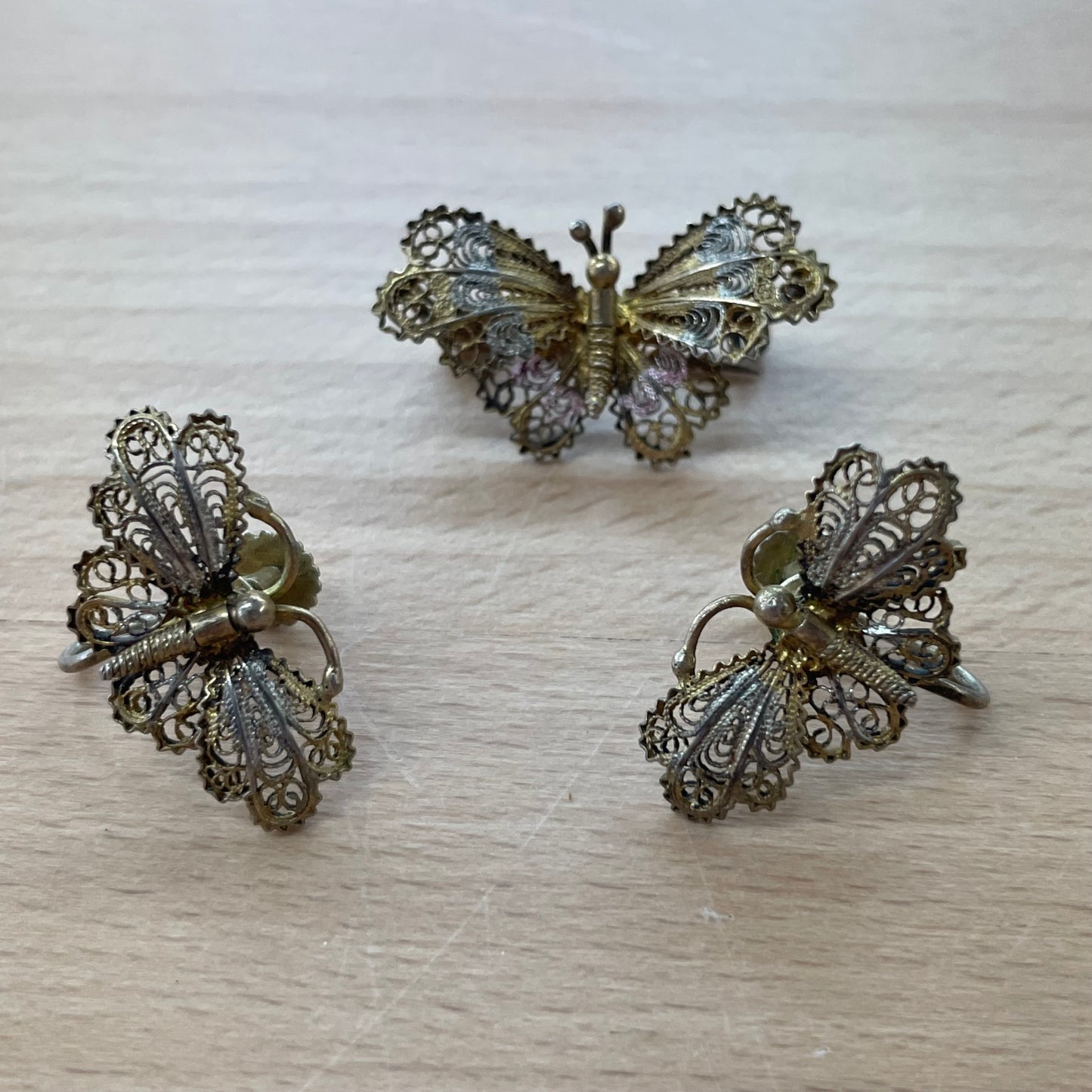 Butterfly Clip-On Earrings & Pin Set — Vintage Figural Jewelry
