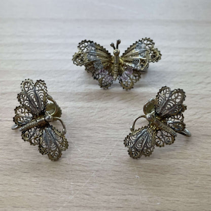 Butterfly Clip-On Earrings & Pin Set — Vintage Figural Jewelry
