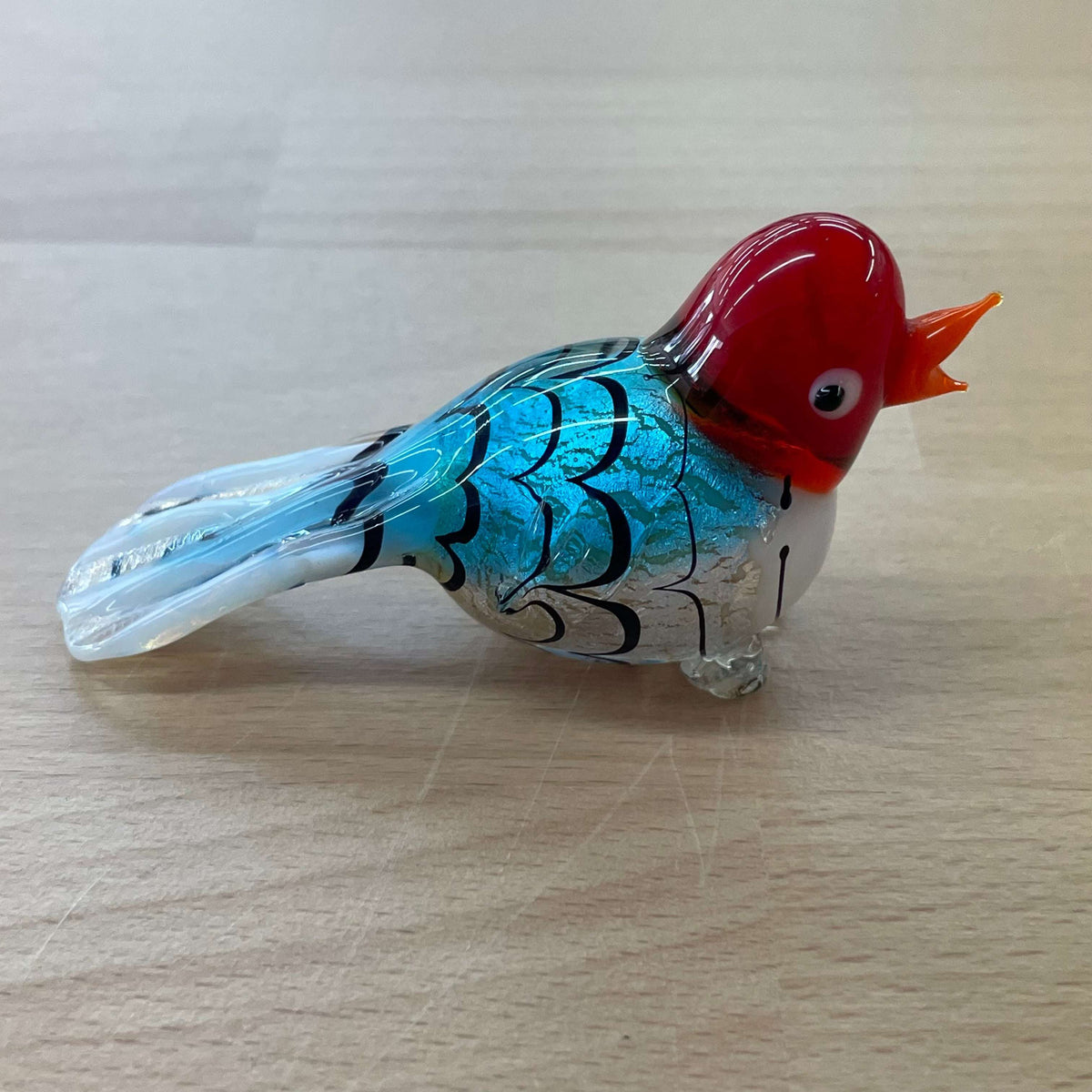 Murano foil glass bird — side profile, turquoise scaled body