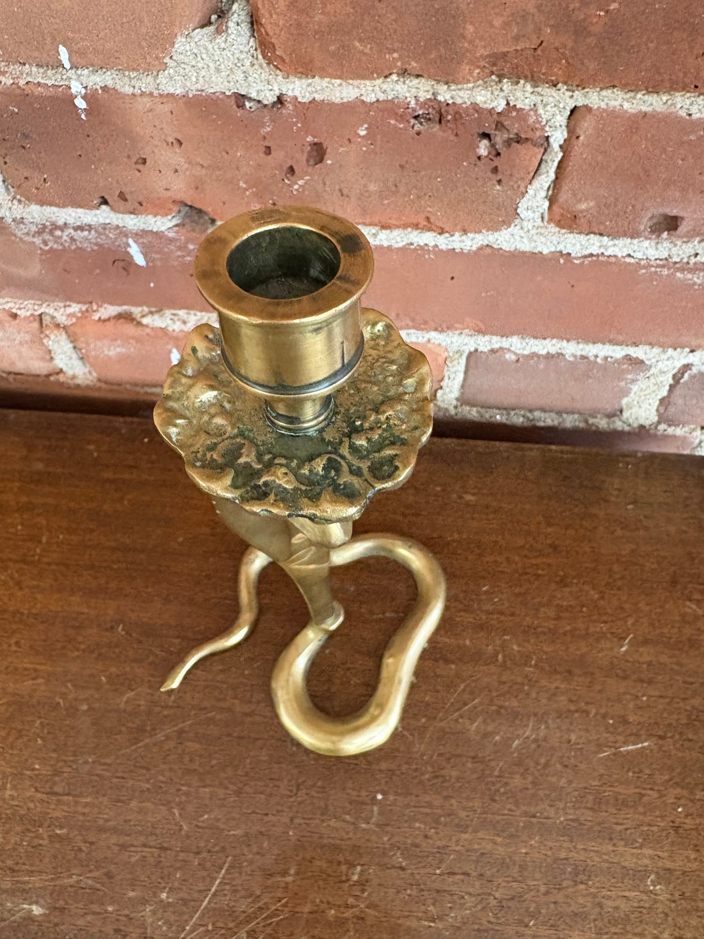 Moroccan Brass Cobra Candlestick with Emerald Glass Eyes — Handcrafted, c. 1970s–80s, 10"