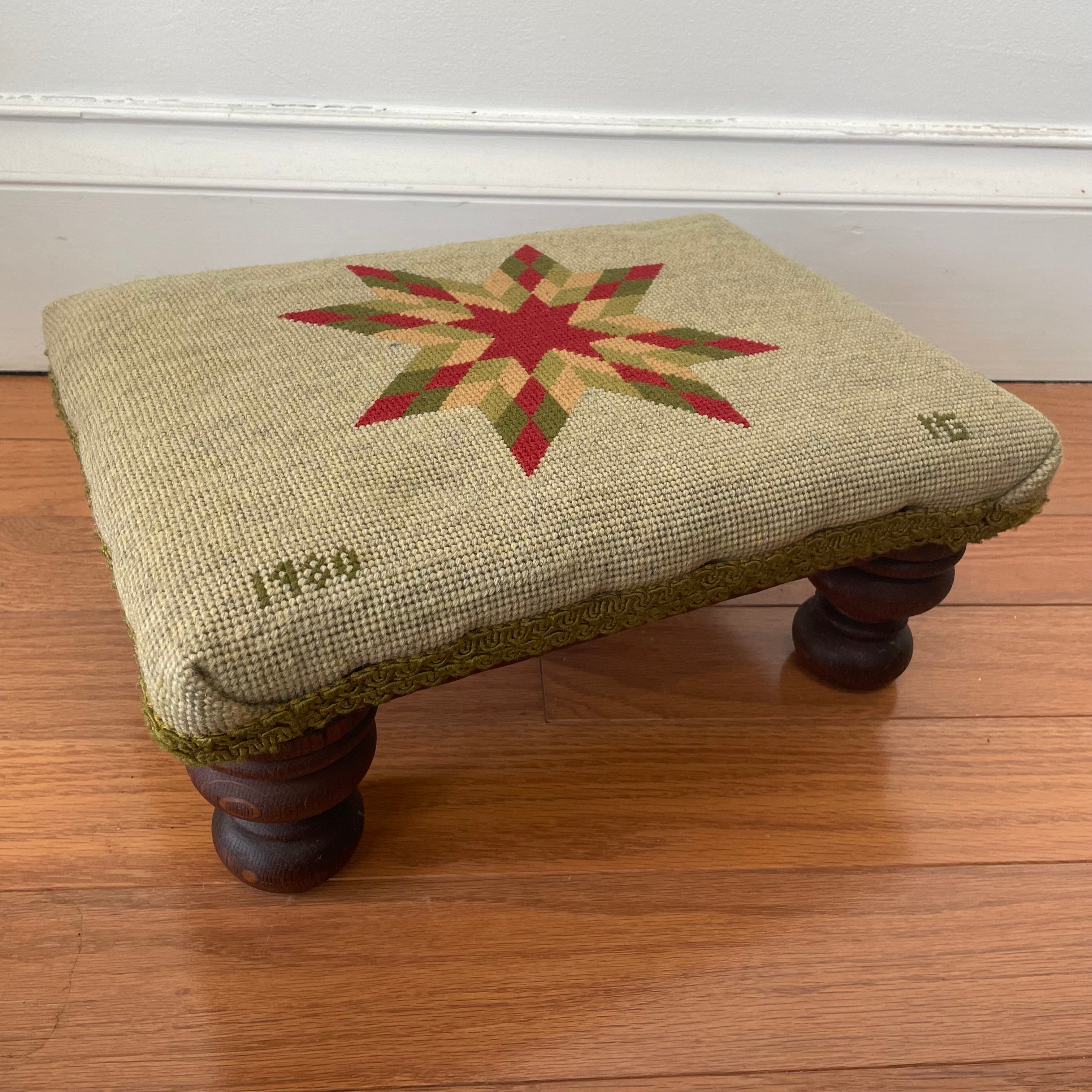 Vintage 1980 Handcrafted Needlepoint Footstool with Star Pattern and W ...