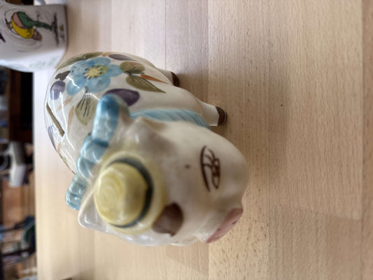 Vintage Hand-Painted Ceramic Piggy Bank with Floral Saddle & Cork Stopper