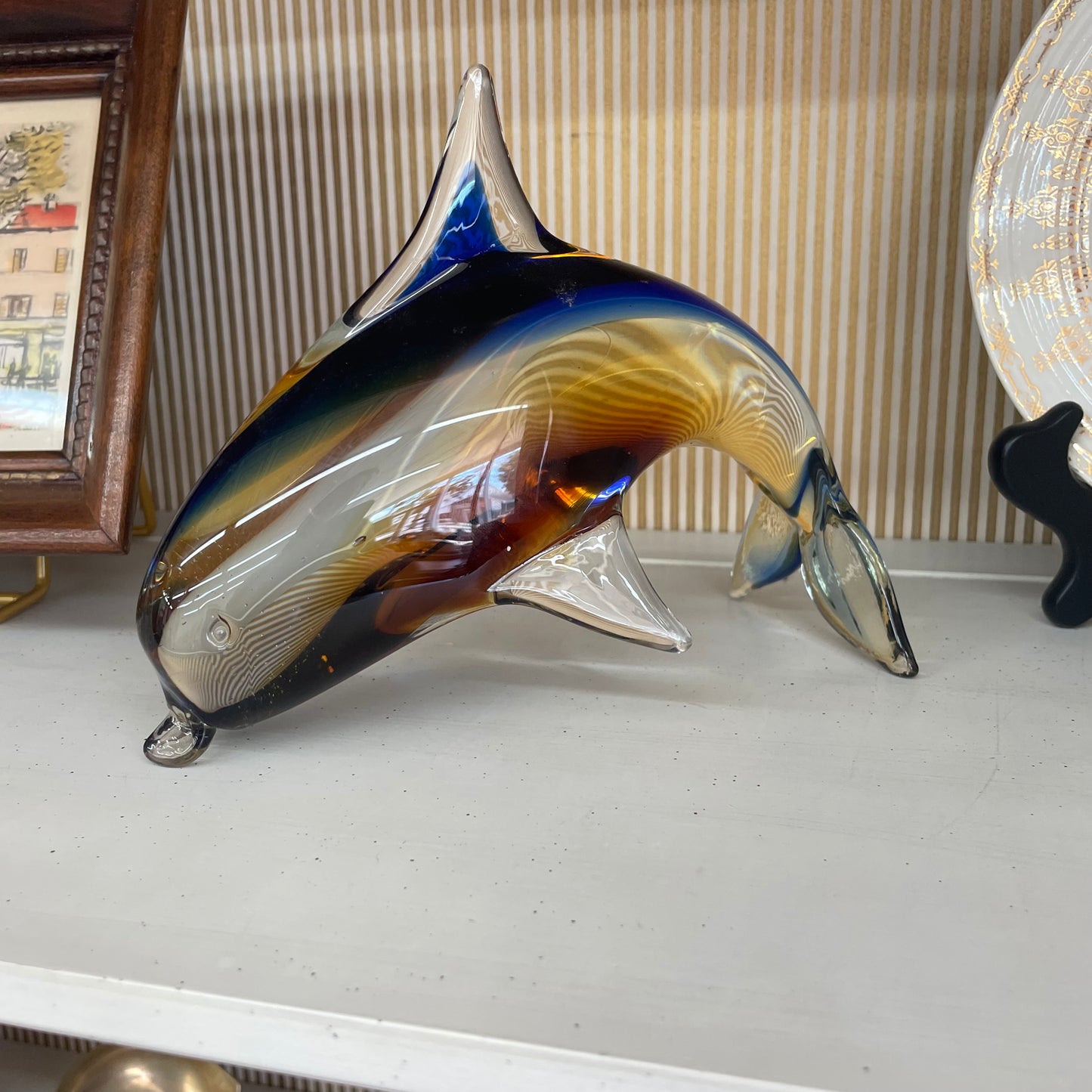 Murano Style Art Glass Dolphin Figurine in Amber and Blue, 7.25”