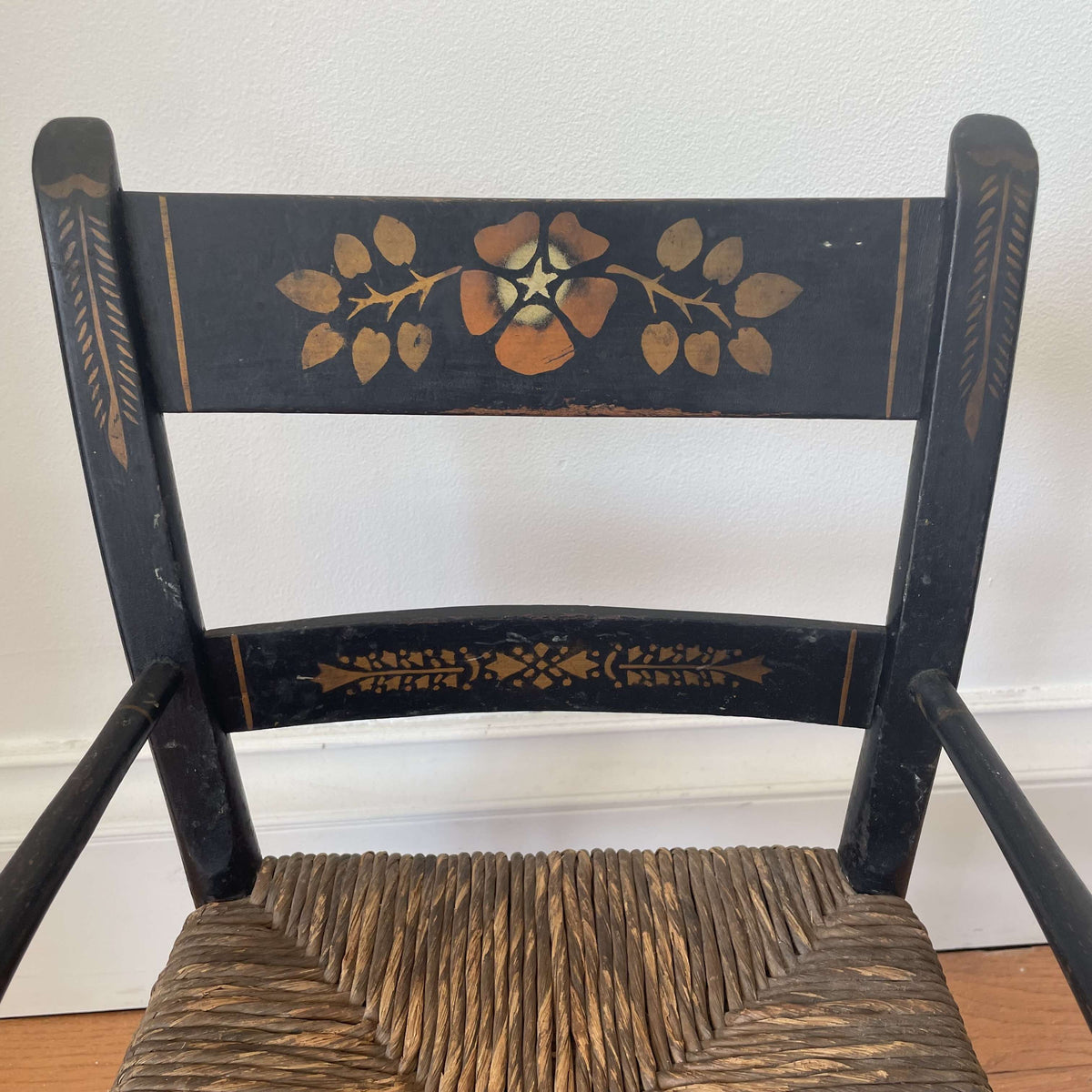 Vintage Hand-Painted Black Hitchcock Child's Chair with Rush Seat – photo 5 of 8