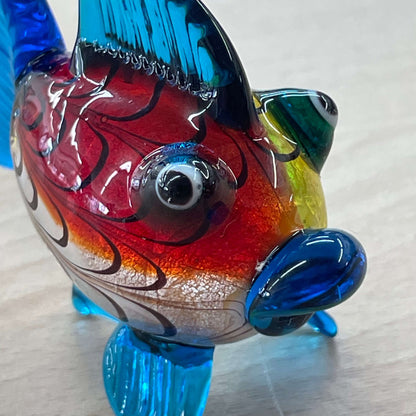Art glass rainbow fish — front three-quarter view, patterned body