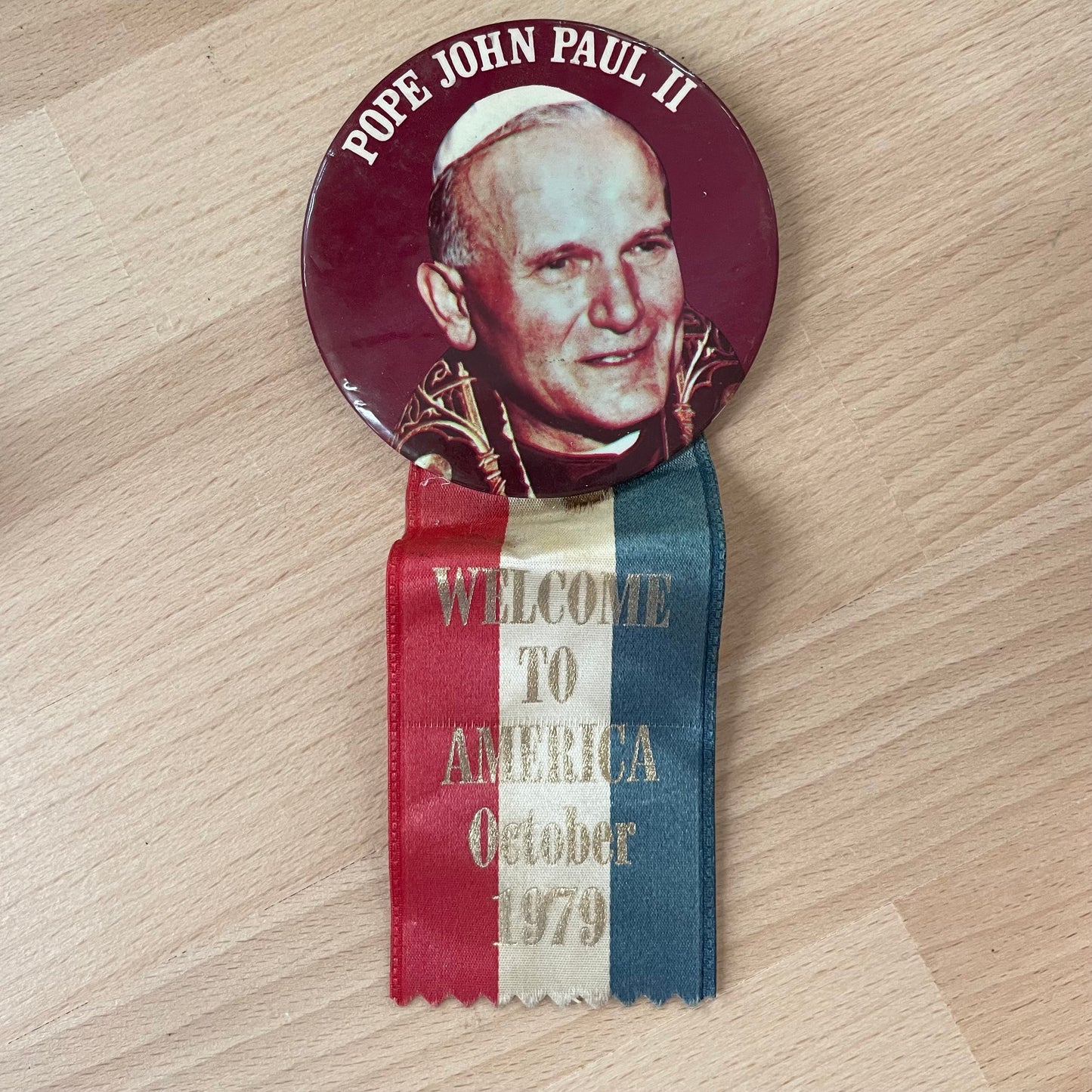 Vintage 1979 Pope John Paul II "Welcome to America" Pinback Button with Ribbon – 3” x 6.5”