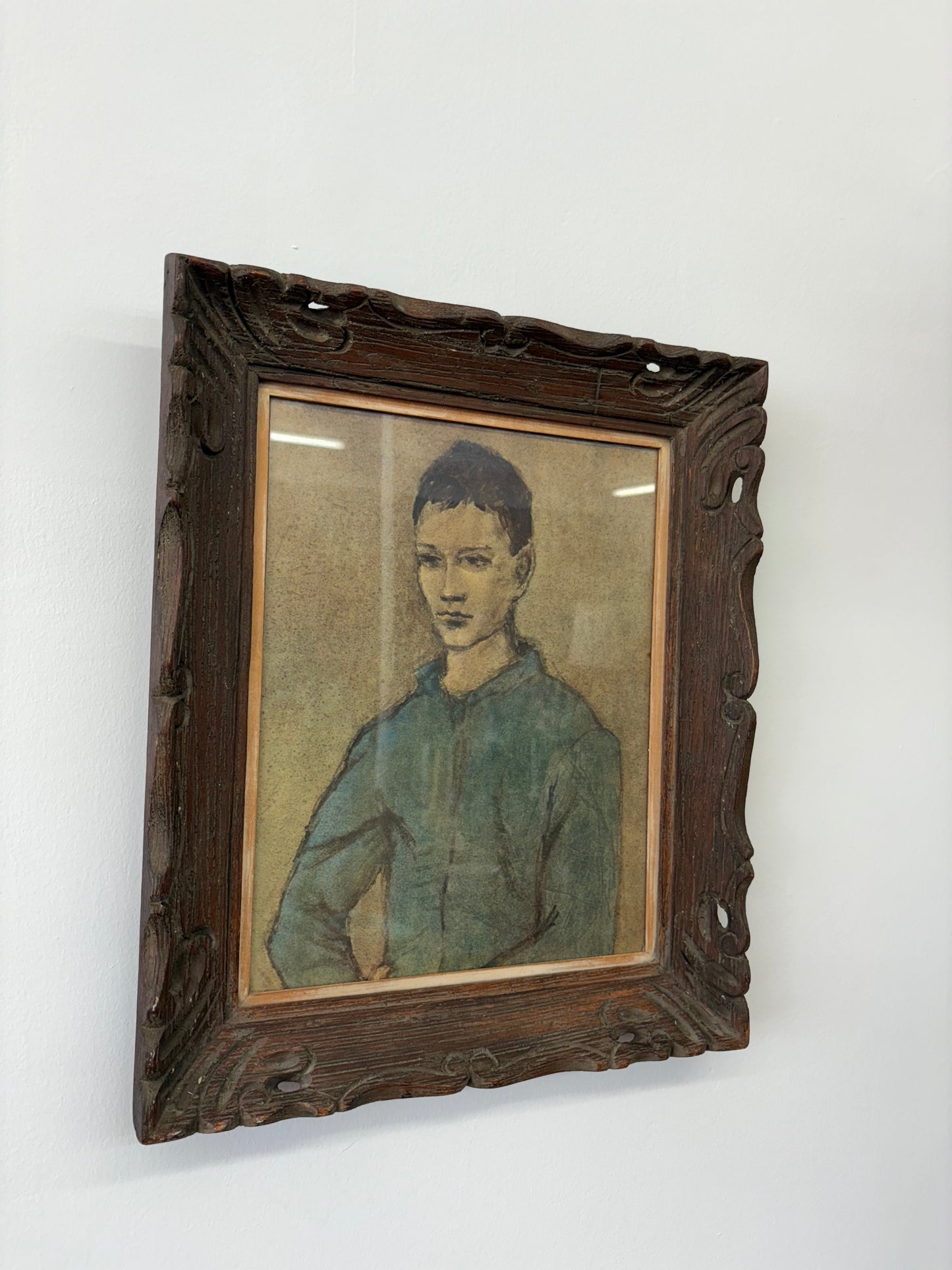 “Blue Boy” After Picasso – Framed Blue-Period Portrait Painting, 18" x 15"