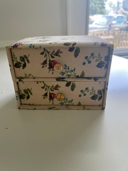 Renner Davis Floral Fabric Jewelry Box, Cottage Roses, Lidded with Two Drawers