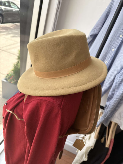 Halston Wool Fedora — Tan/Camel, Grosgrain Band, c. 1970s