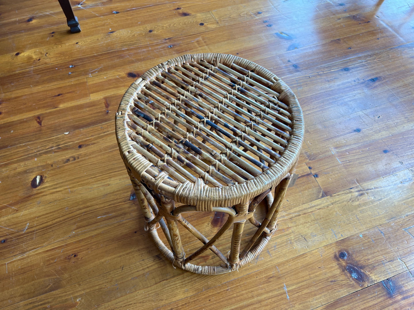 1960s Burnt Bamboo Drum Table – Tortoise Cane Plant Stand or Boho Side Table