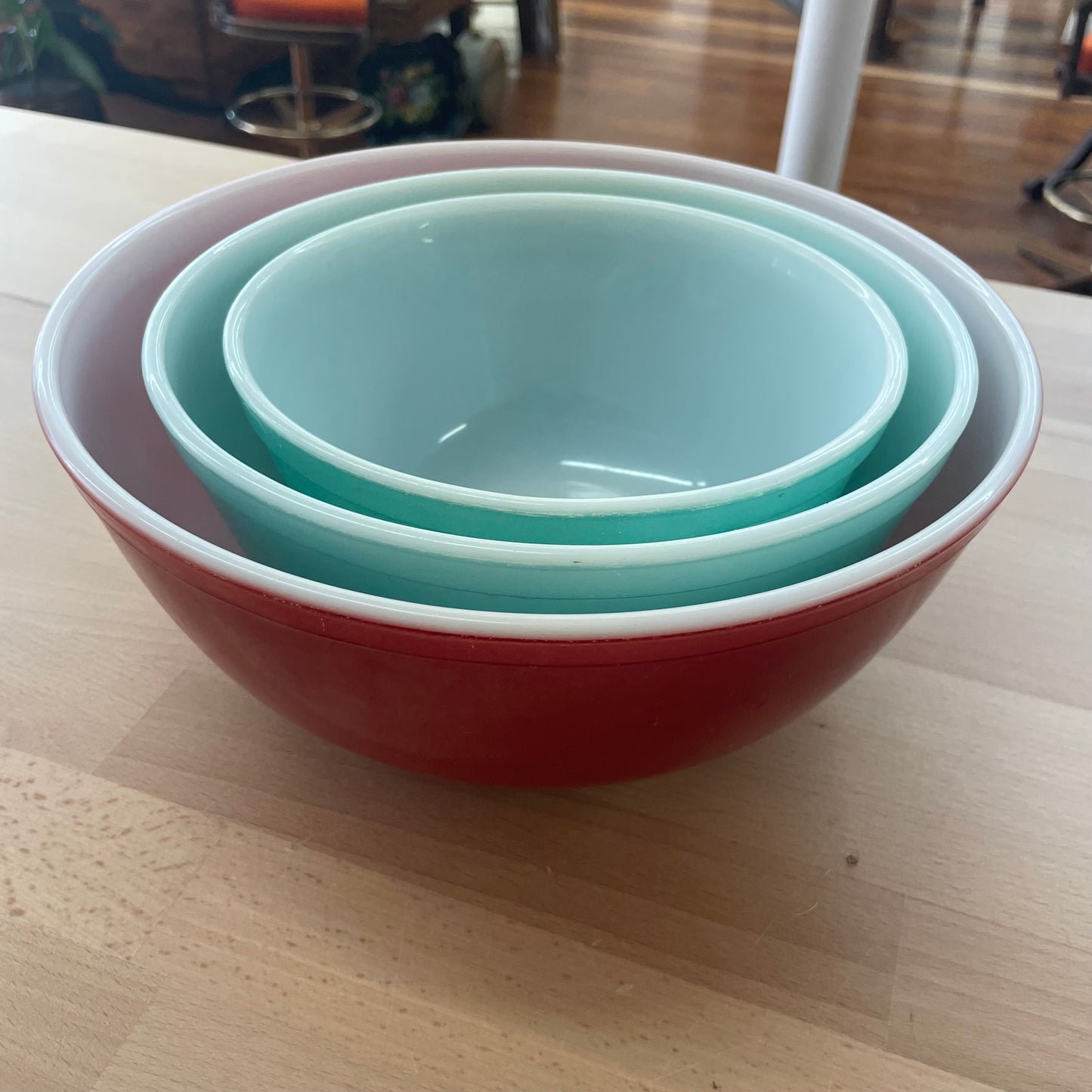 Vintage Pyrex Nesting Mixing Bowls Set of 3 – Red & Aqua Blue