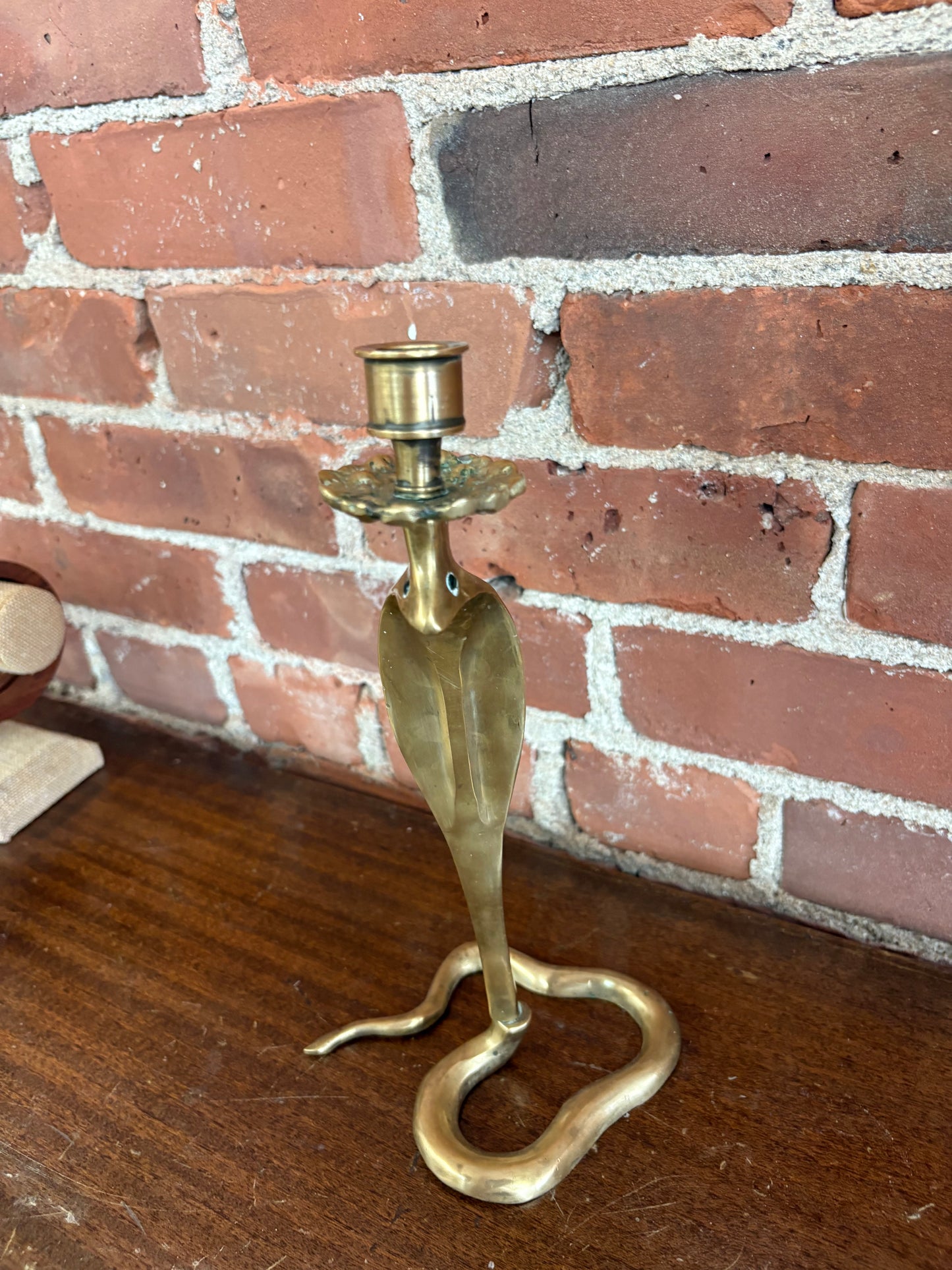 Moroccan Brass Cobra Candlestick with Emerald Glass Eyes — Handcrafted, c. 1970s–80s, 10"