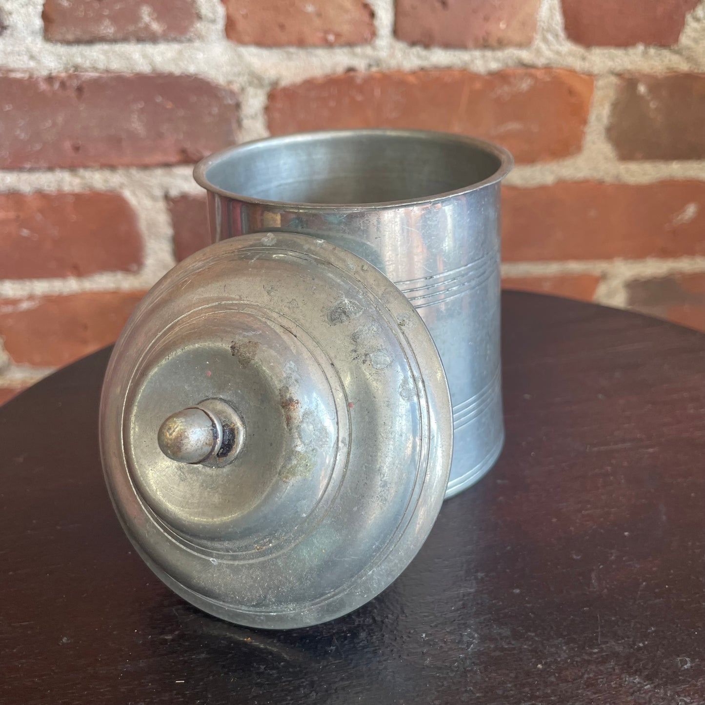 Vintage Pewter Storage Canister with Lid and Finial Handle (Marked Base)