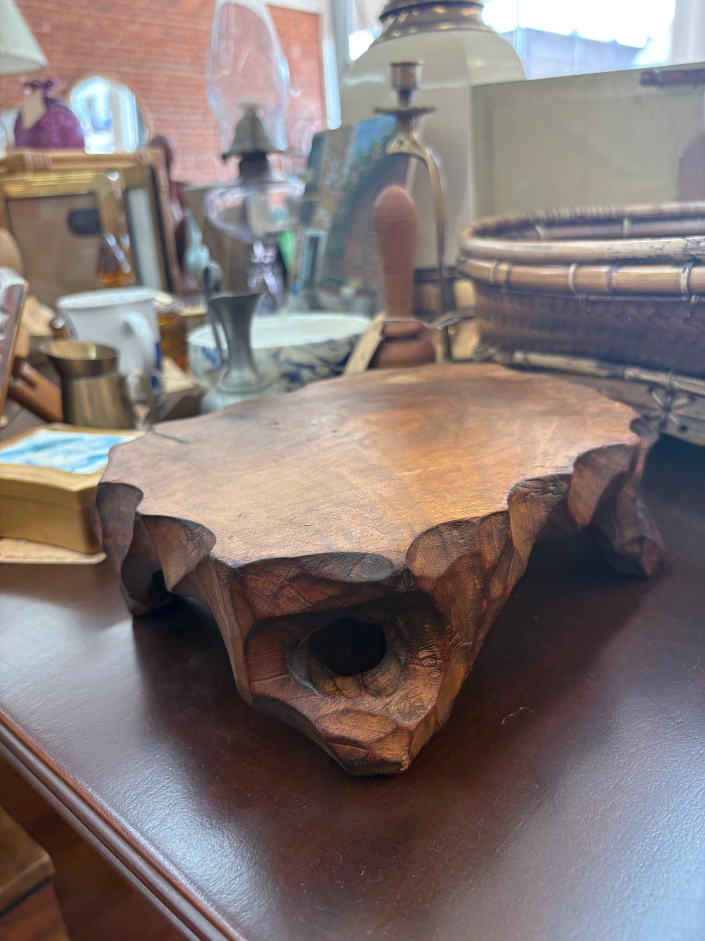 Carved Wood Live Edge Display Stand – Natural Pedestal for Vase or Teapot