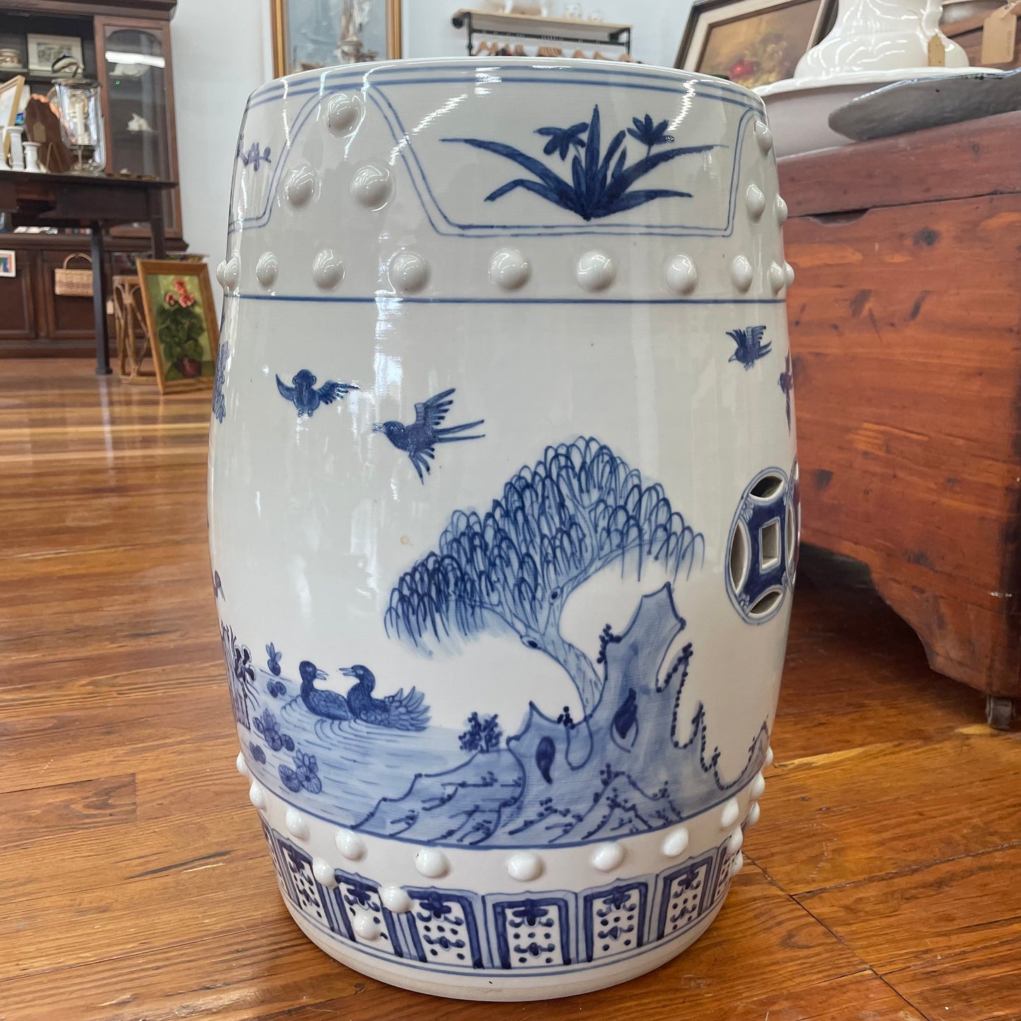 Blue and White Chinese Porcelain Garden Stool with Phoenix Design