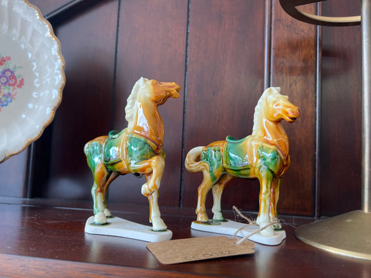 Vintage Ceramic Horse Figurines, Hand-Painted Tang Style Pair