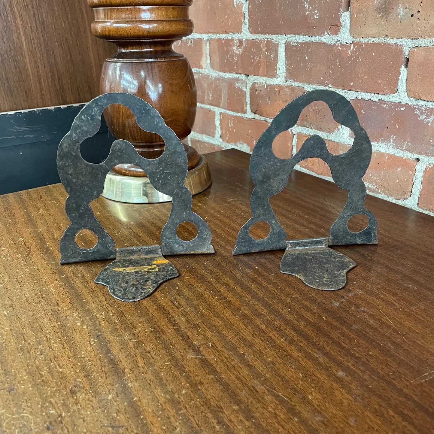 Brutalist Hammered Metal Bookends with Cutout Abstract Design