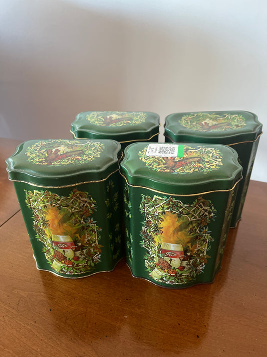 Set of 4 Vintage 1981 Avon “Fruit Garden” Christmas Tins – Green & Gold Holiday Storage Containers, Made in England