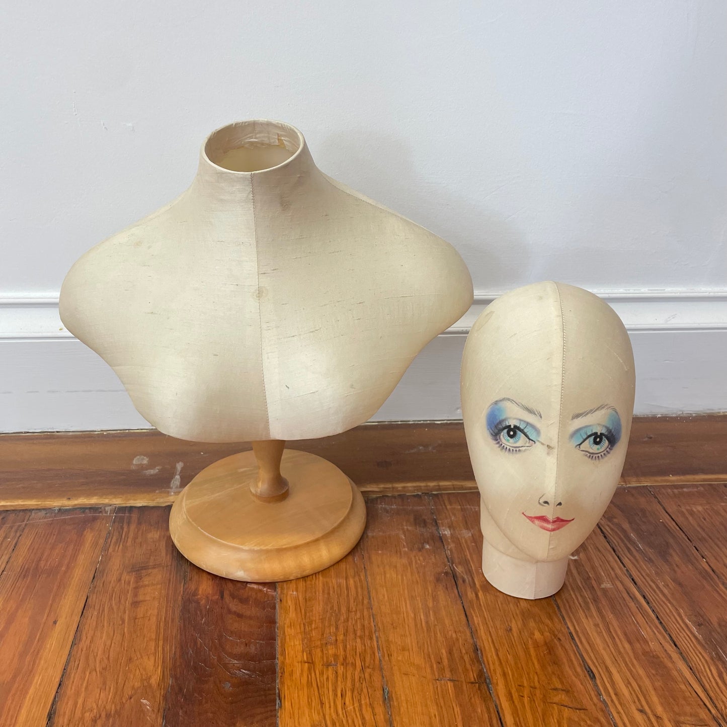 Vintage Hand-Painted Mannequin Bust – Upper Torso with Wooden Stand