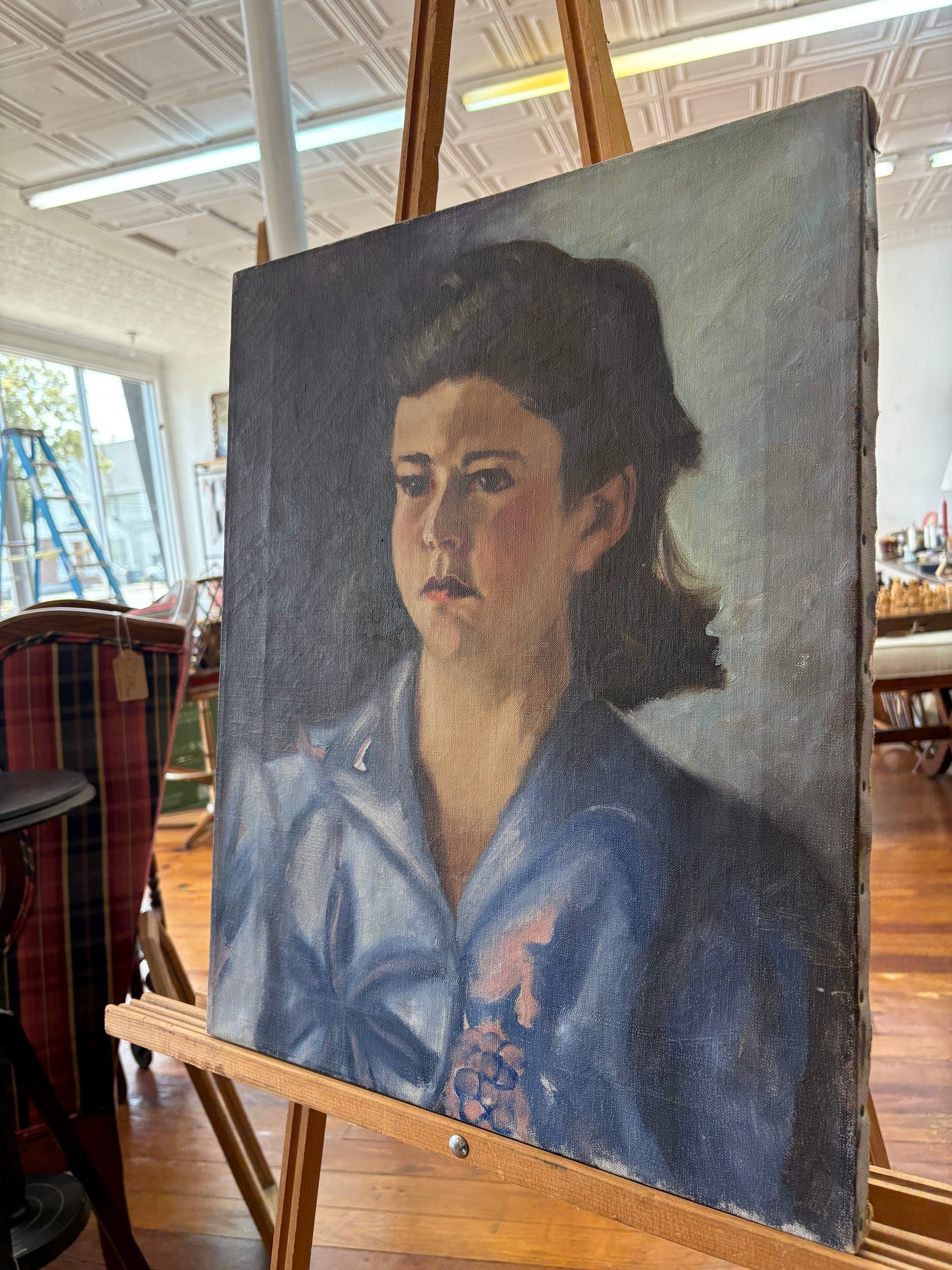 Mid-Century Oil Portrait – Young Woman in Blue Blouse, Realist Canvas, 24″