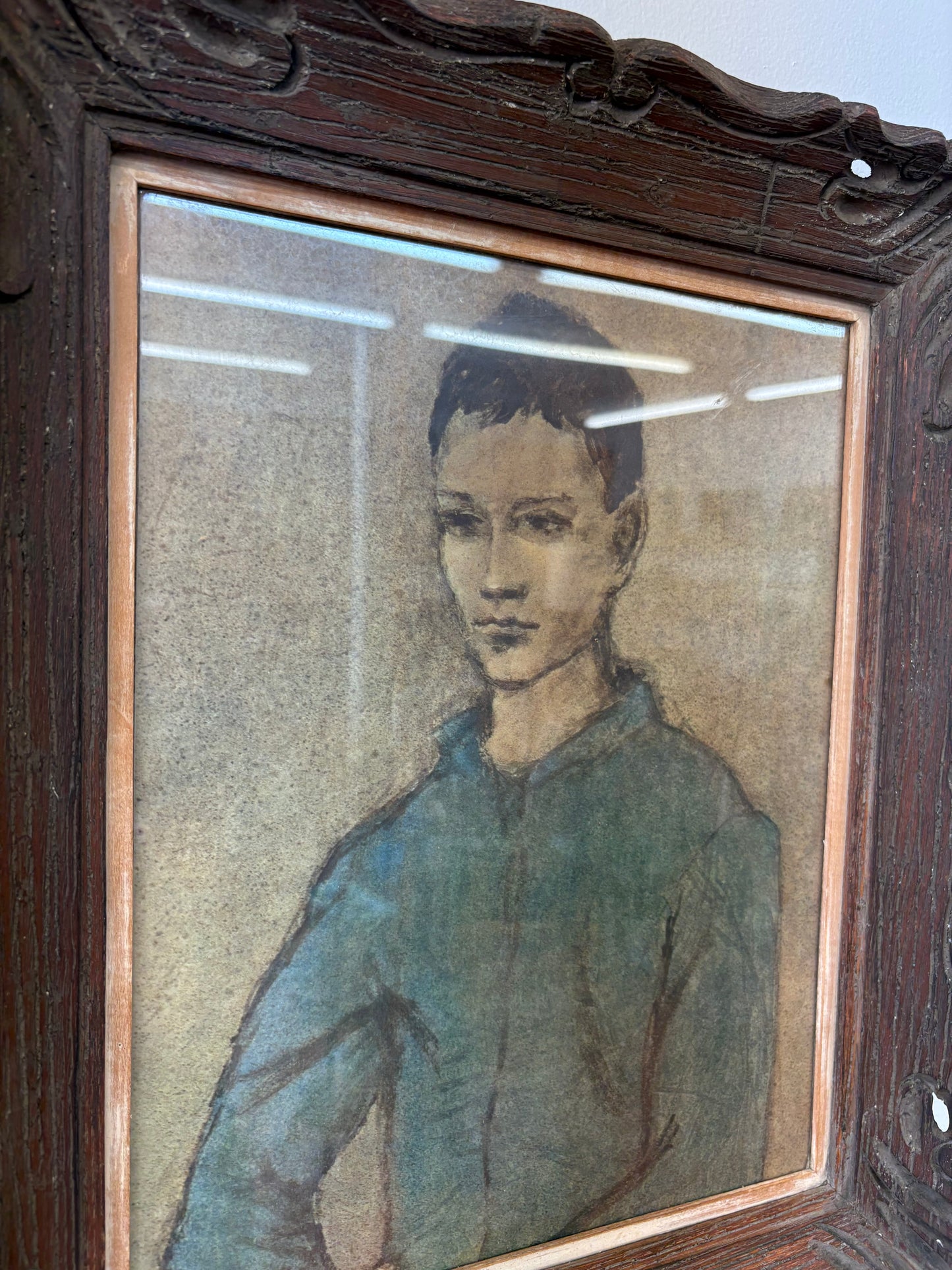 “Blue Boy” After Picasso – Framed Blue-Period Portrait Painting, 18" x 15"