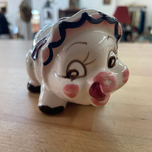 Vintage 1940s Small Ceramic Pig Piggy Bank, Pottery Collectible Rare, Vintage Nursery Decor, Smiling Pig Gift for Her