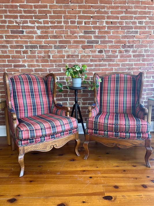 Pair of Vintage Plaid Wingback Chairs with Wood Frame – Classic Americana