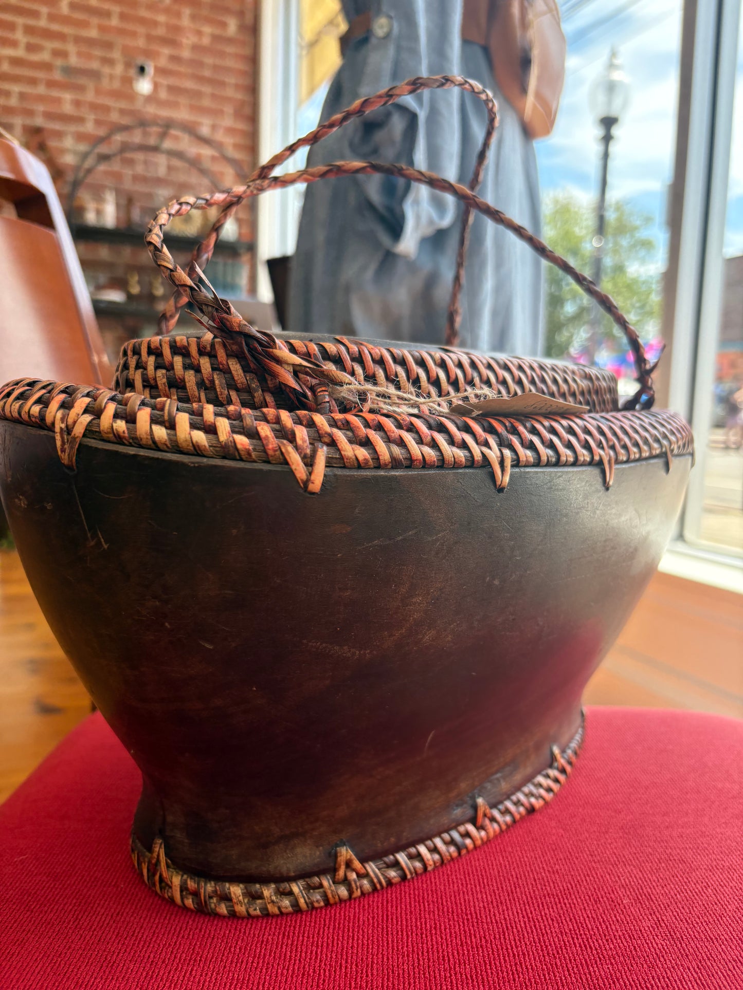 Hand-Carved Wood & Woven Basket with Lid – Vintage South Asian Folk Art