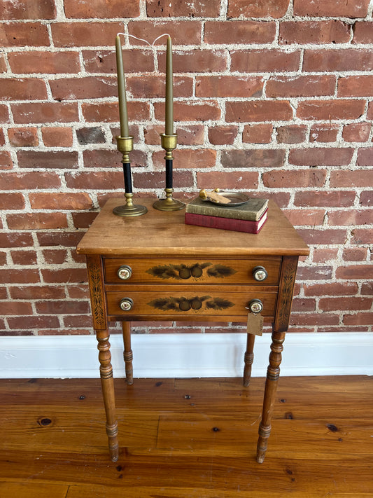 Antique Hitchcock Two-Drawer Side Table with Stenciled Fruit Design