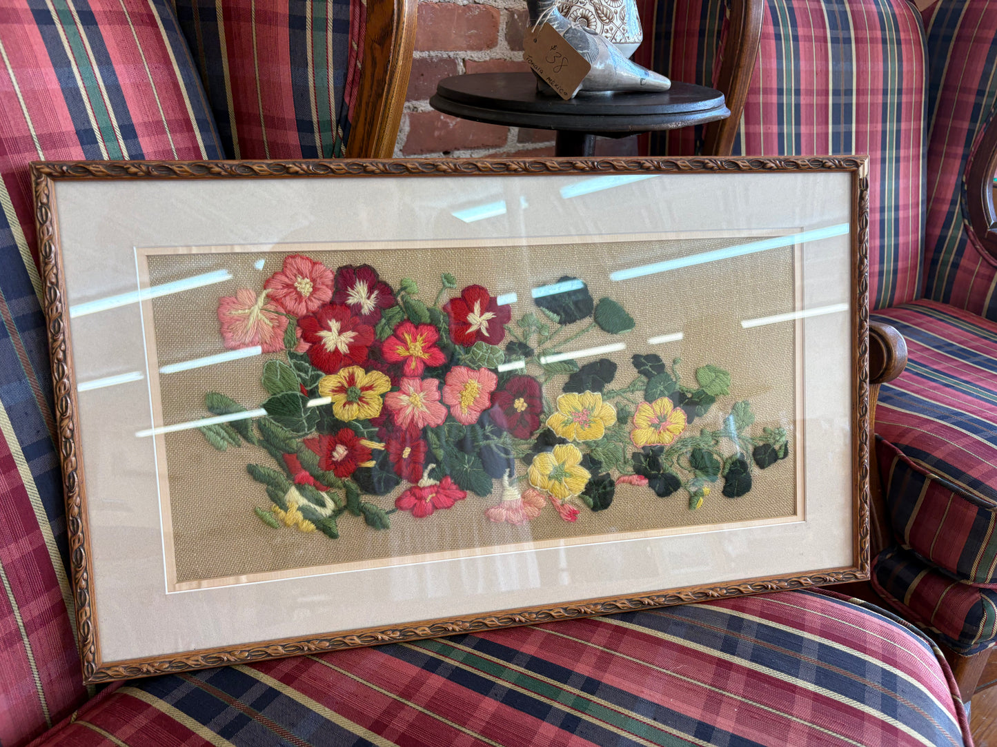 Mid-Century Framed Floral Embroidery – Vibrant Nasturtium Needlework Art