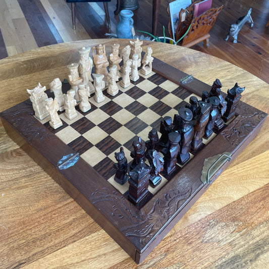 Hand-Carved Wooden Chess Set – Folding 18″ Board w/ Drawers & Brass Handles