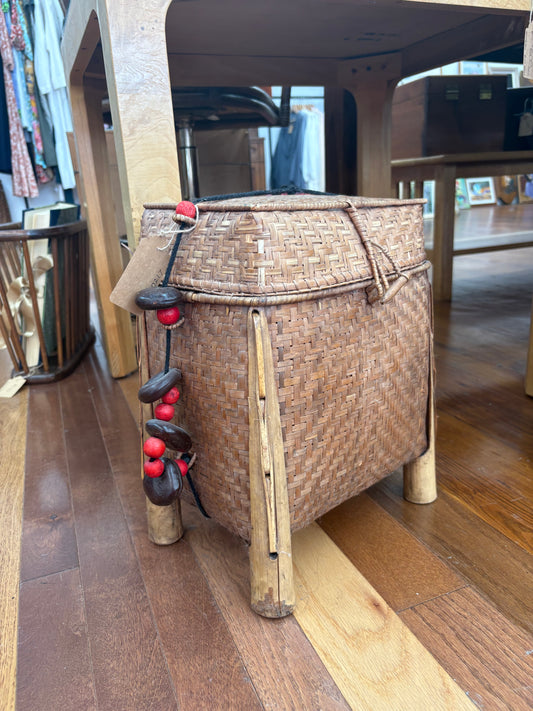 Filipino Igorot Woven Rice Basket Backpack – Bamboo & Rattan with Beaded Cord