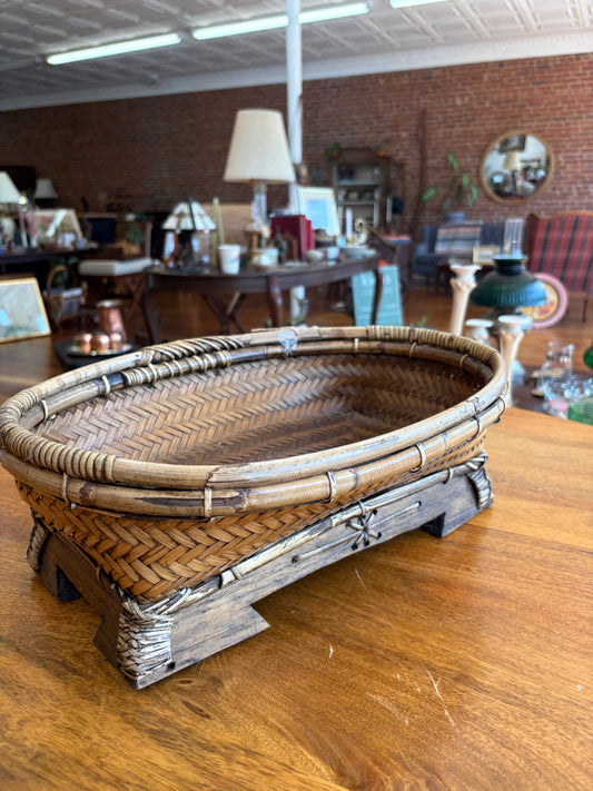 Handmade Thai Woven Wicker Basket with Footed Wood Base and Bamboo Trim
