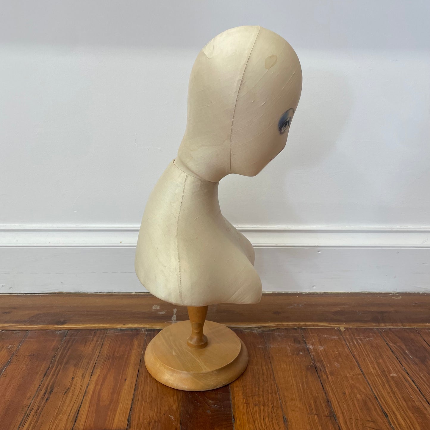 Vintage Hand-Painted Mannequin Bust – Upper Torso with Wooden Stand