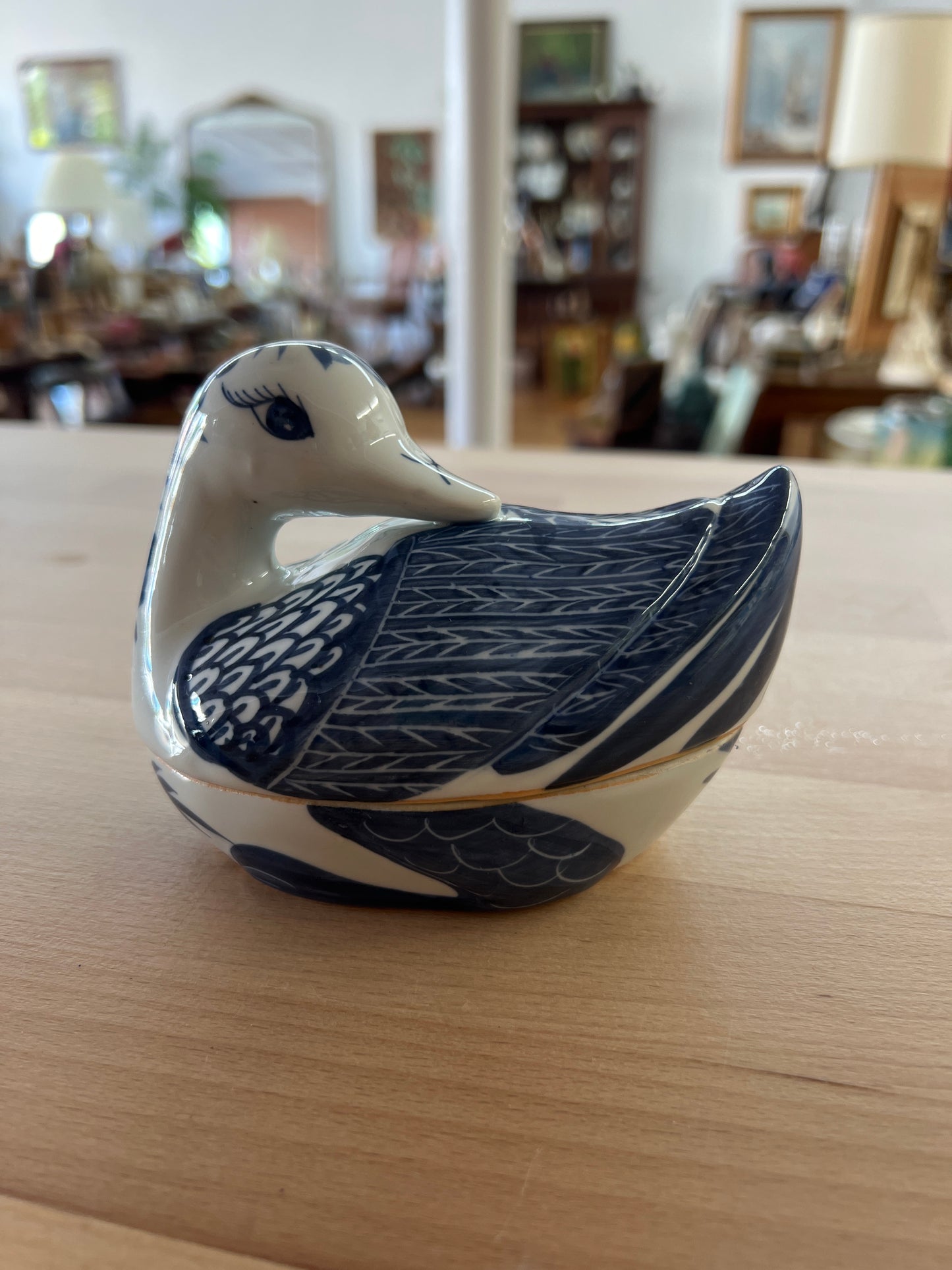 Ceramic Blue and White Duck Trinket Box with Lid – Vintage Decorative Dish