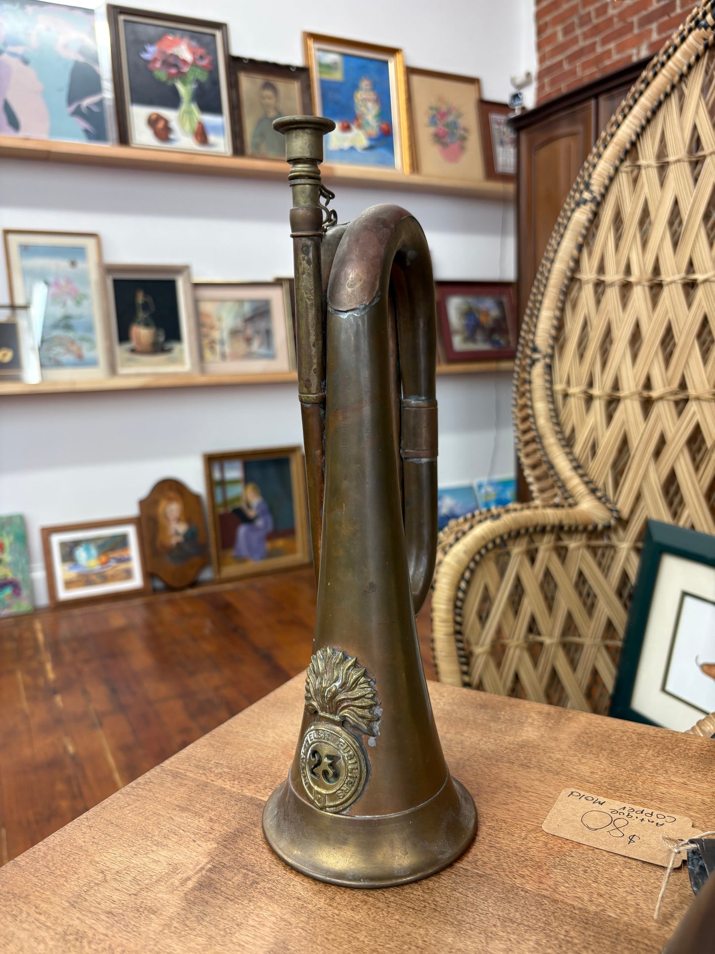 WWI Antique Royal Welsh Fusiliers Bugle – Copper & Brass “23” Regimental Horn, 12″