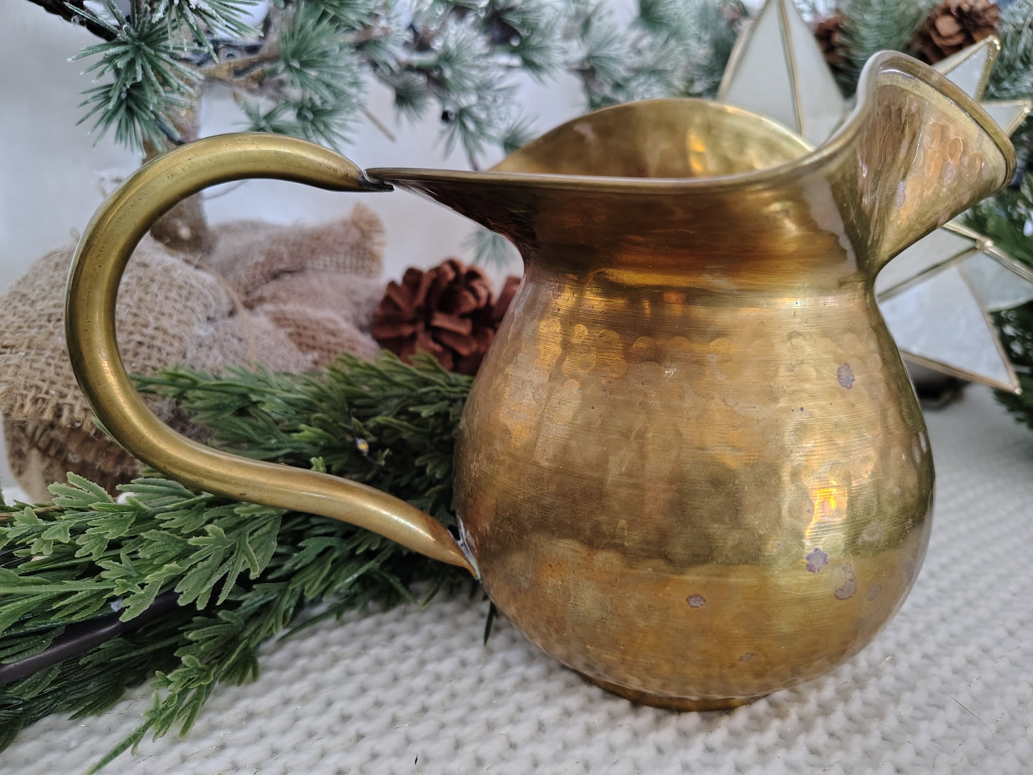 Vintage Hand-Hammered Brass Pitcher Rustic Fall Decor, Halloween Christmas, Farmhouse Style Vase or Jug (6” H x 8.5” W with Handle)