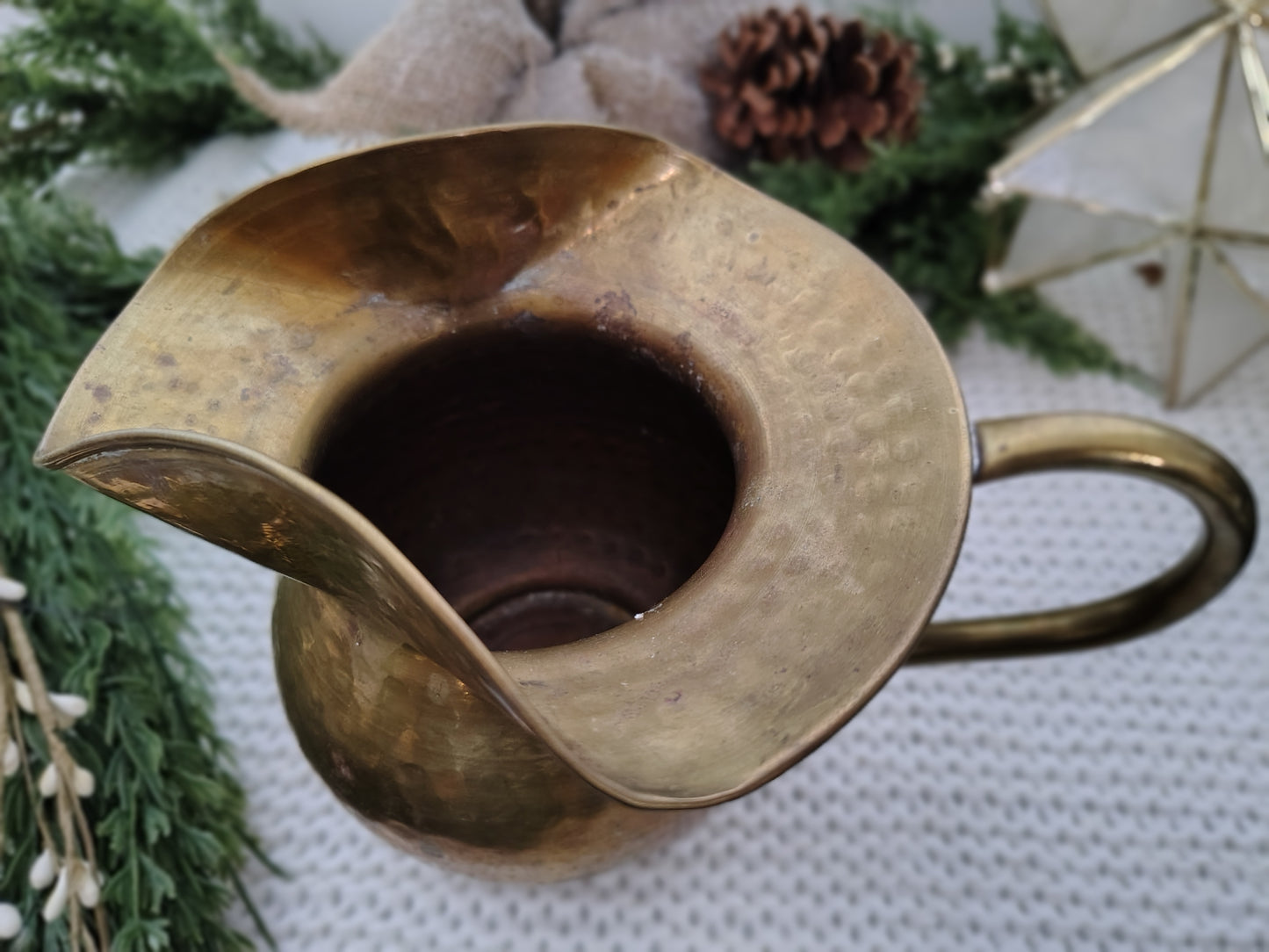 Vintage Hand-Hammered Brass Pitcher Rustic Fall Decor, Halloween Christmas, Farmhouse Style Vase or Jug (6” H x 8.5” W with Handle)