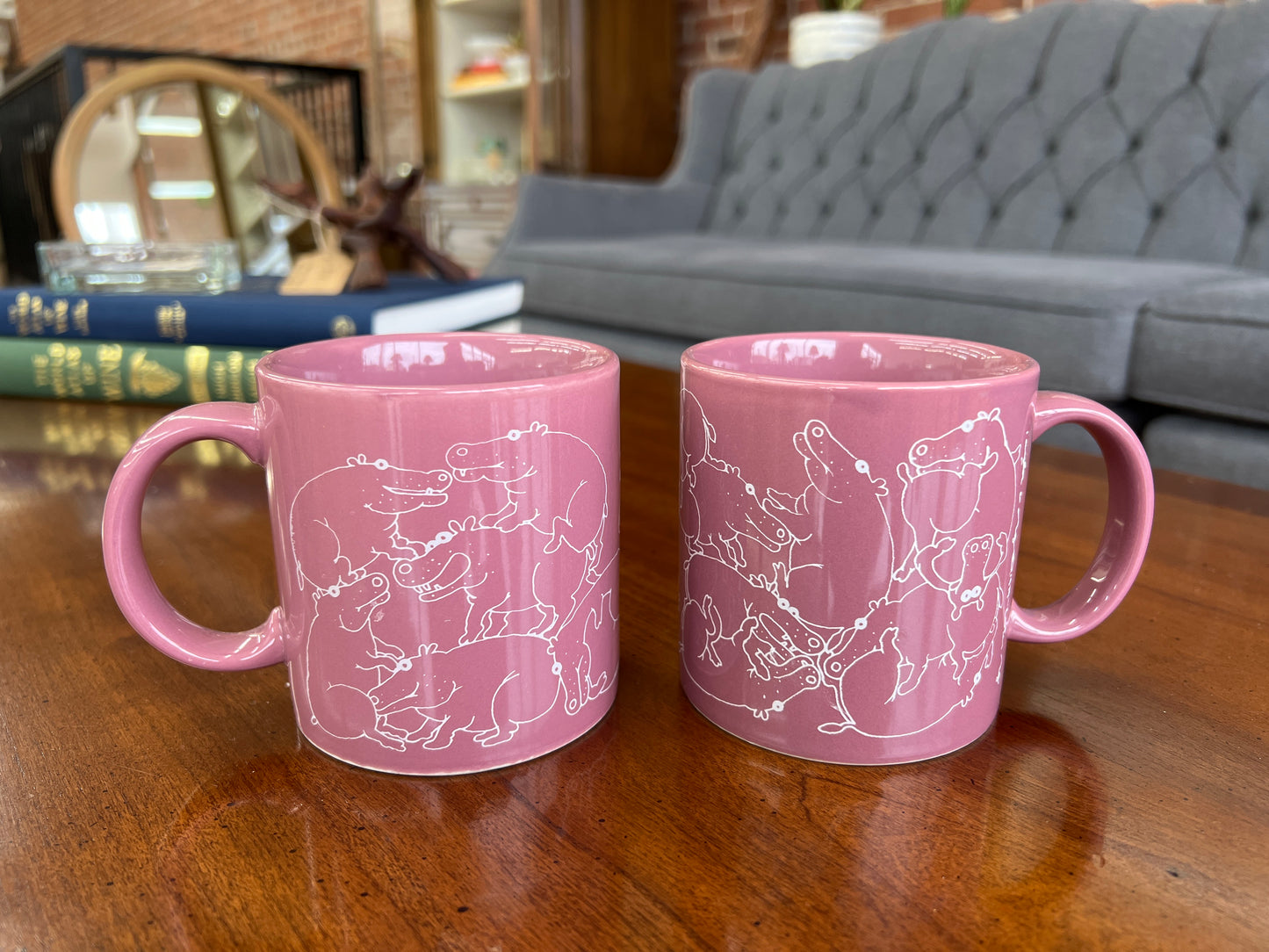 Taylor & Ng "Naughty Hippo" Mug Set, Pair — Pink, 1979, San Francisco Pop Kitchenware