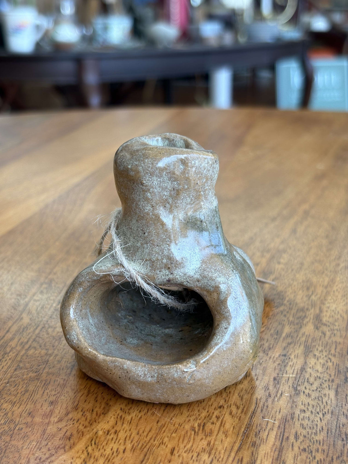 Signed studio pottery incense burner, hand-built stoneware with an arched opening