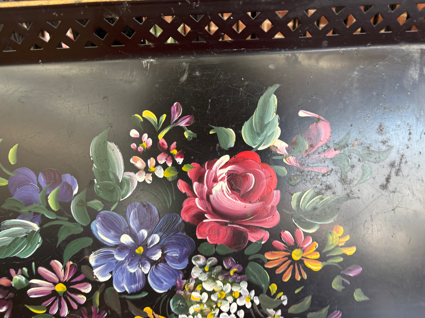 Vintage Hand-Painted Black Metal Floral Tray with Pierced Edges