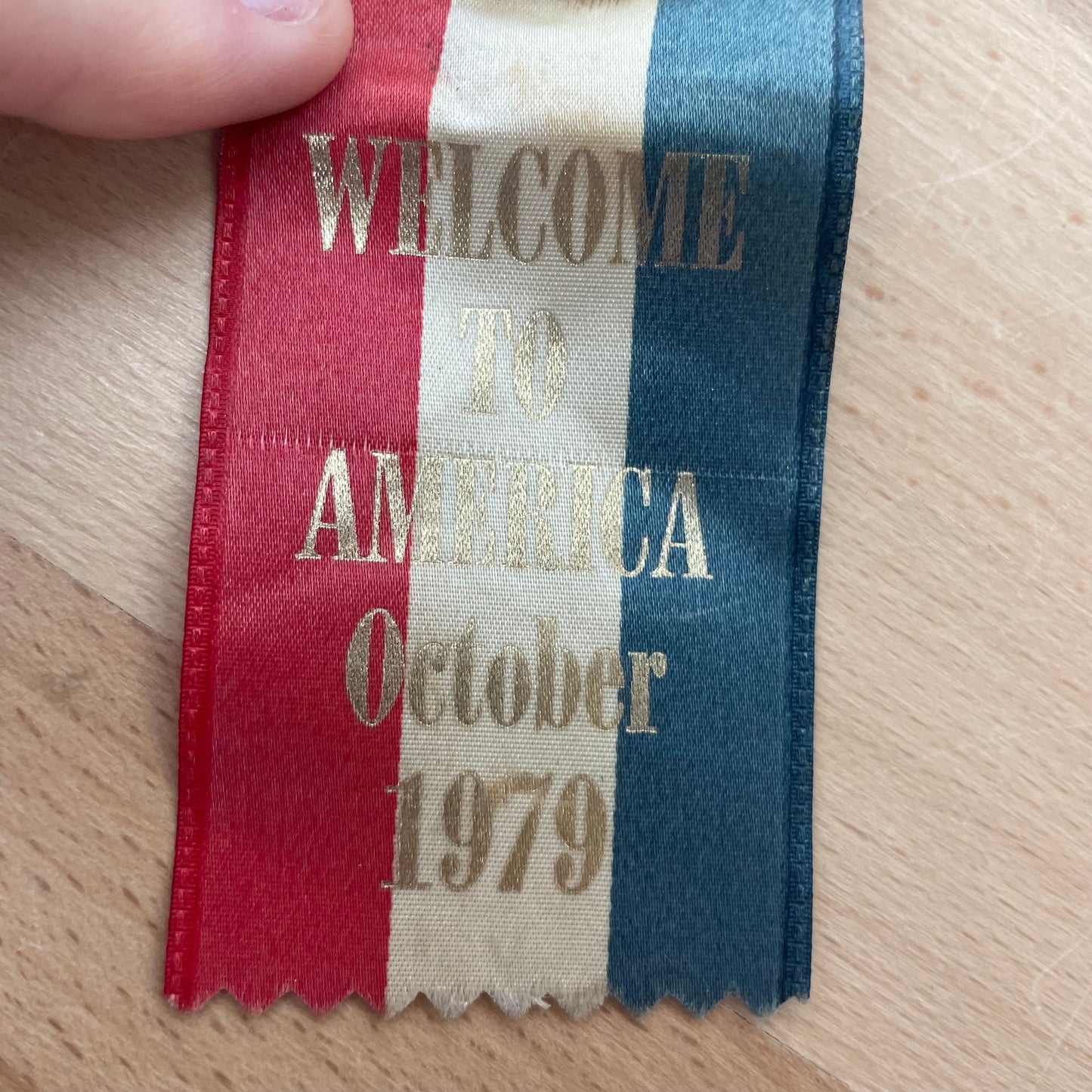 Vintage 1979 Pope John Paul II "Welcome to America" Pinback Button with Ribbon – 3” x 6.5”