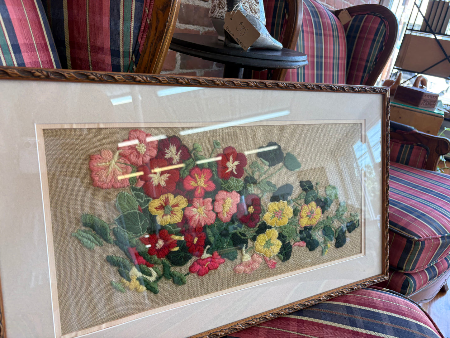 Mid-Century Framed Floral Embroidery – Vibrant Nasturtium Needlework Art