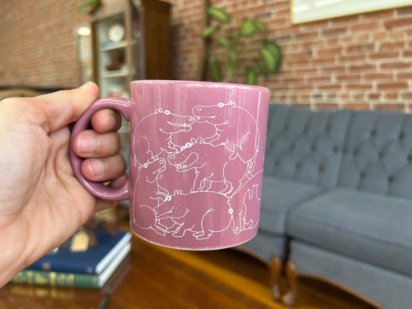 Taylor & Ng "Naughty Hippo" Mug Set, Pair — Pink, 1979, San Francisco Pop Kitchenware