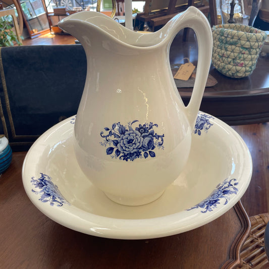 Vintage Blue & White Floral Ceramic Wash Basin and Pitcher Set