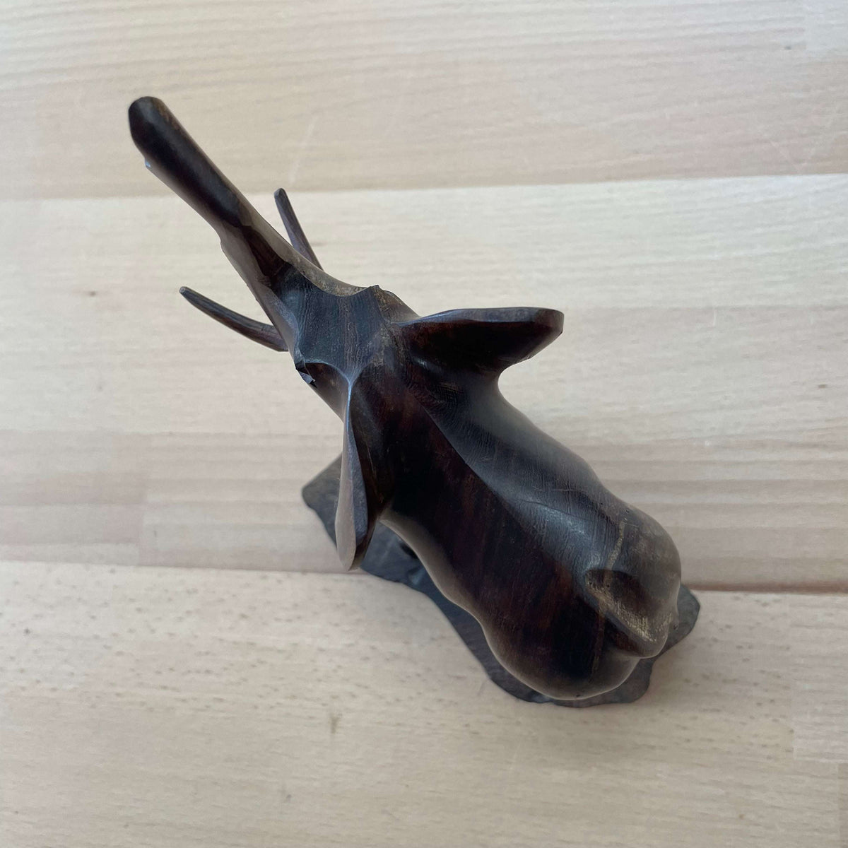 Carved wooden elephant — overhead view of trunk and tusks