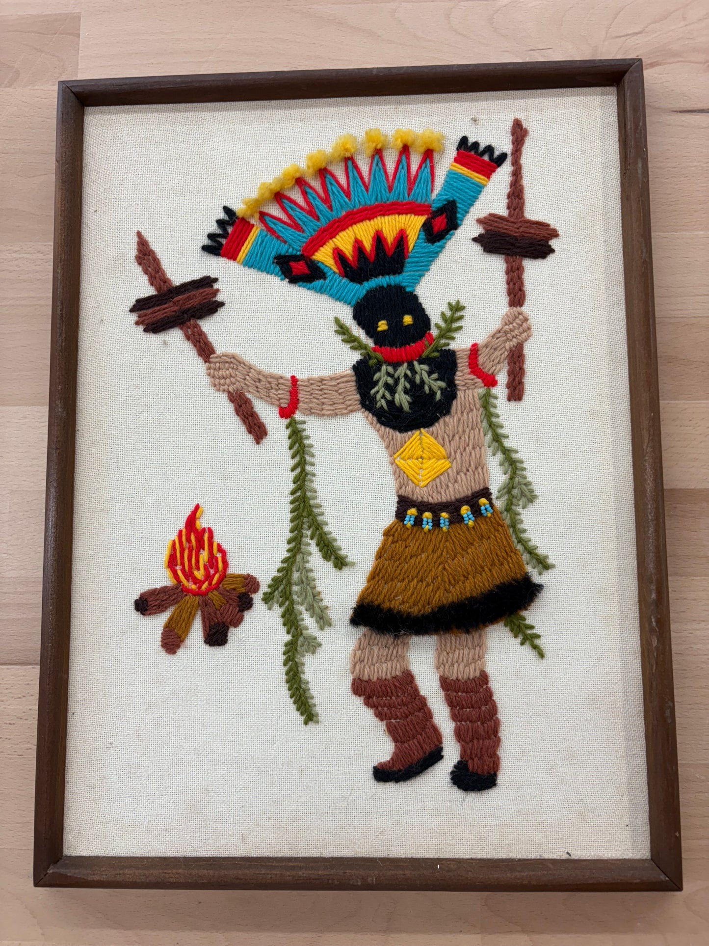 1970s Apache Gaan Dancer Needlepoint – Framed Native American Folk Art